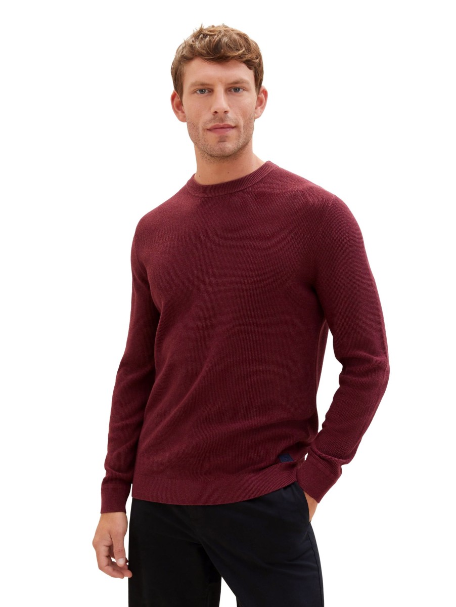 Herren Tom Tailor | Tom Tailor Rundhalspullover Structured Knit Dunkelrot