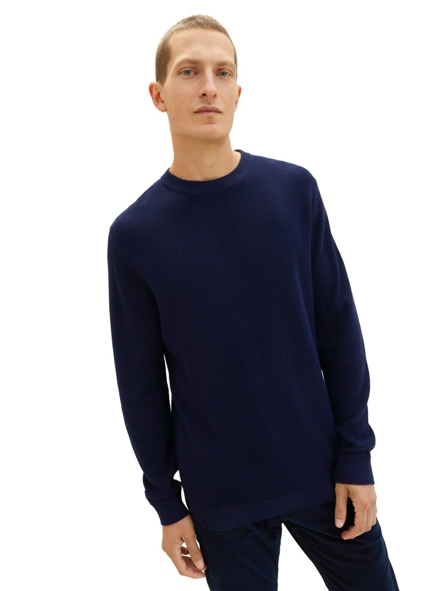 Herren Tom Tailor | Tom Tailor Rundhalspullover Structured Knit Dunkelblau