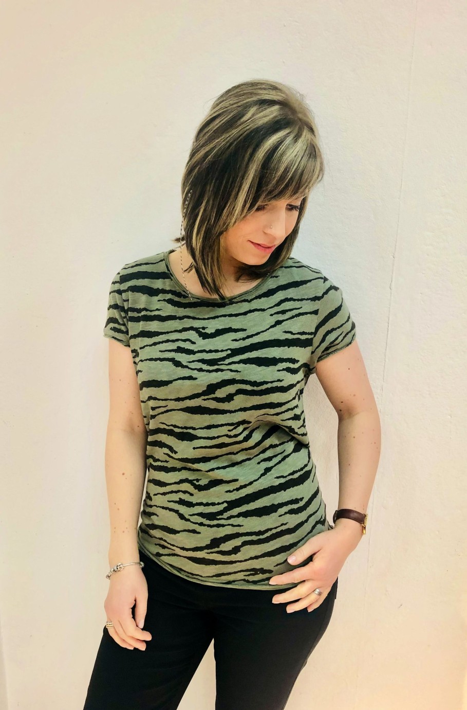 Damen Munich Freedom | Munich Freedom Kurzarm Shirt Mit Zebra-Print Khaki