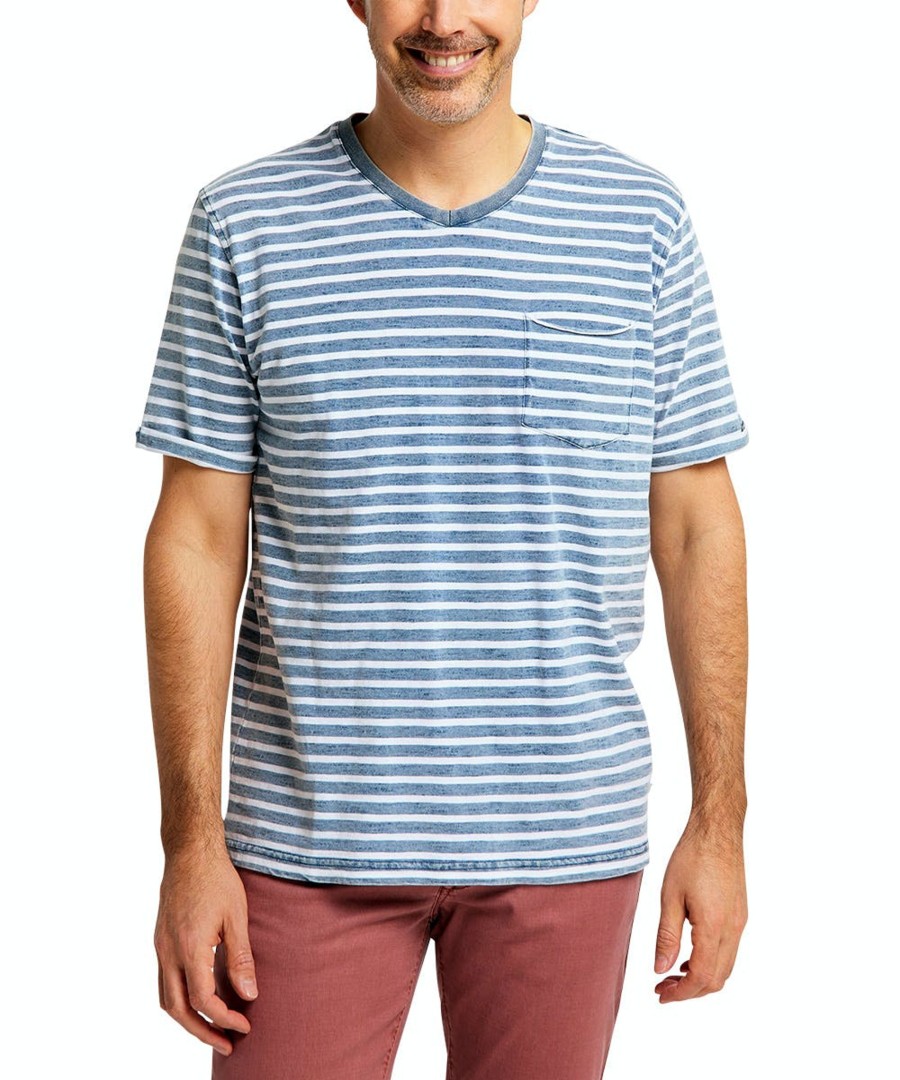 Herren Pioneer Jeans | Pioneer T-Shirt Vneck Stripe Blau