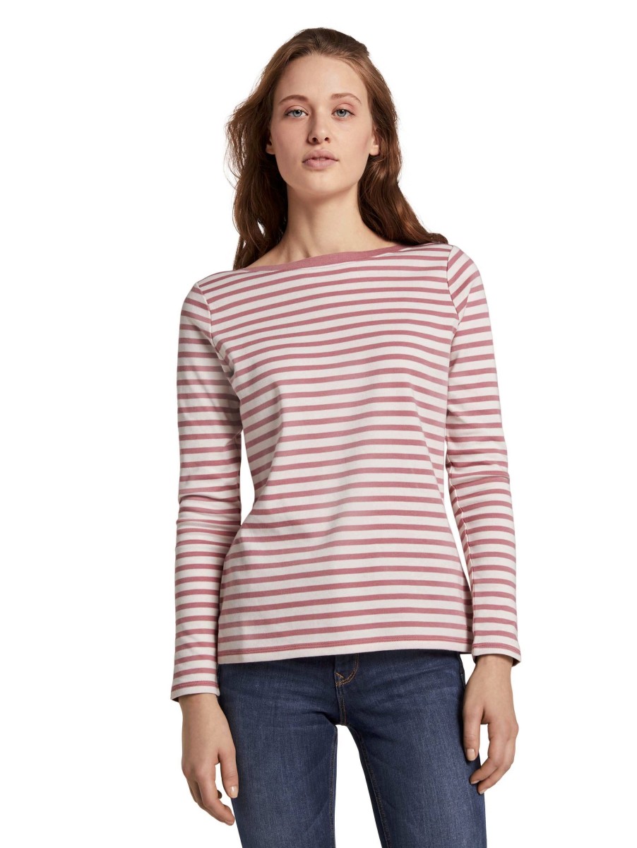 Damen Tom Tailor Denim | Tom Tailor Denim Langarmshirt Interlock Rosa Rosa/Weis